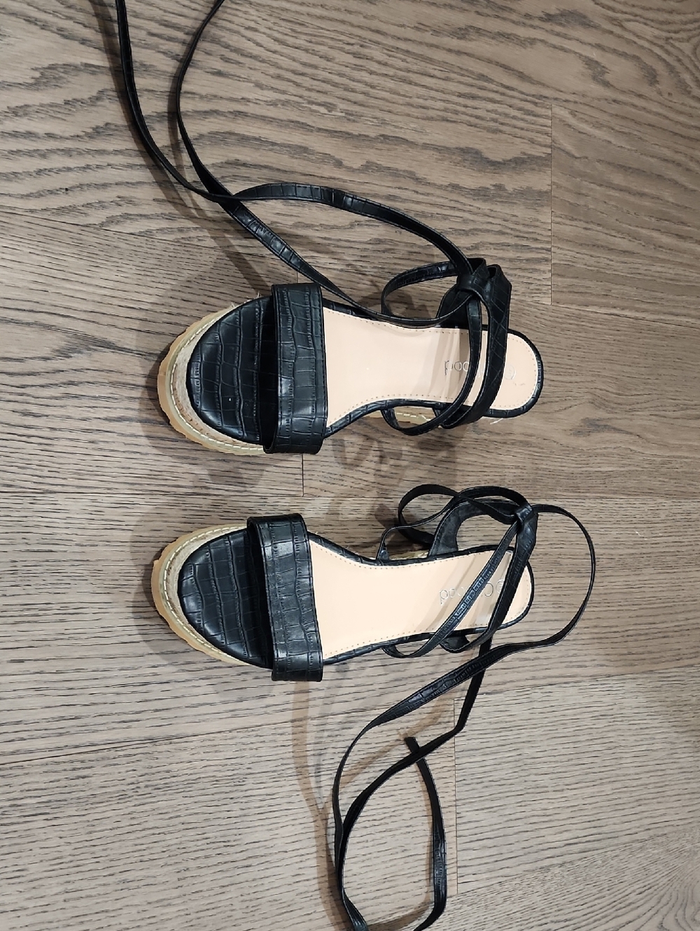 Lace-Up Black Croc-Embossed Espadrille Sandals